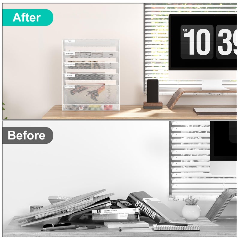 EasyPAG 5 Tier Wall File Holder, Mesh Hanging Folder Organizer with Classify Label, Versatile Desk File Holder, Vertical Wall Mounted Mail Organizer for Office Home Cubicle, White - Image 3